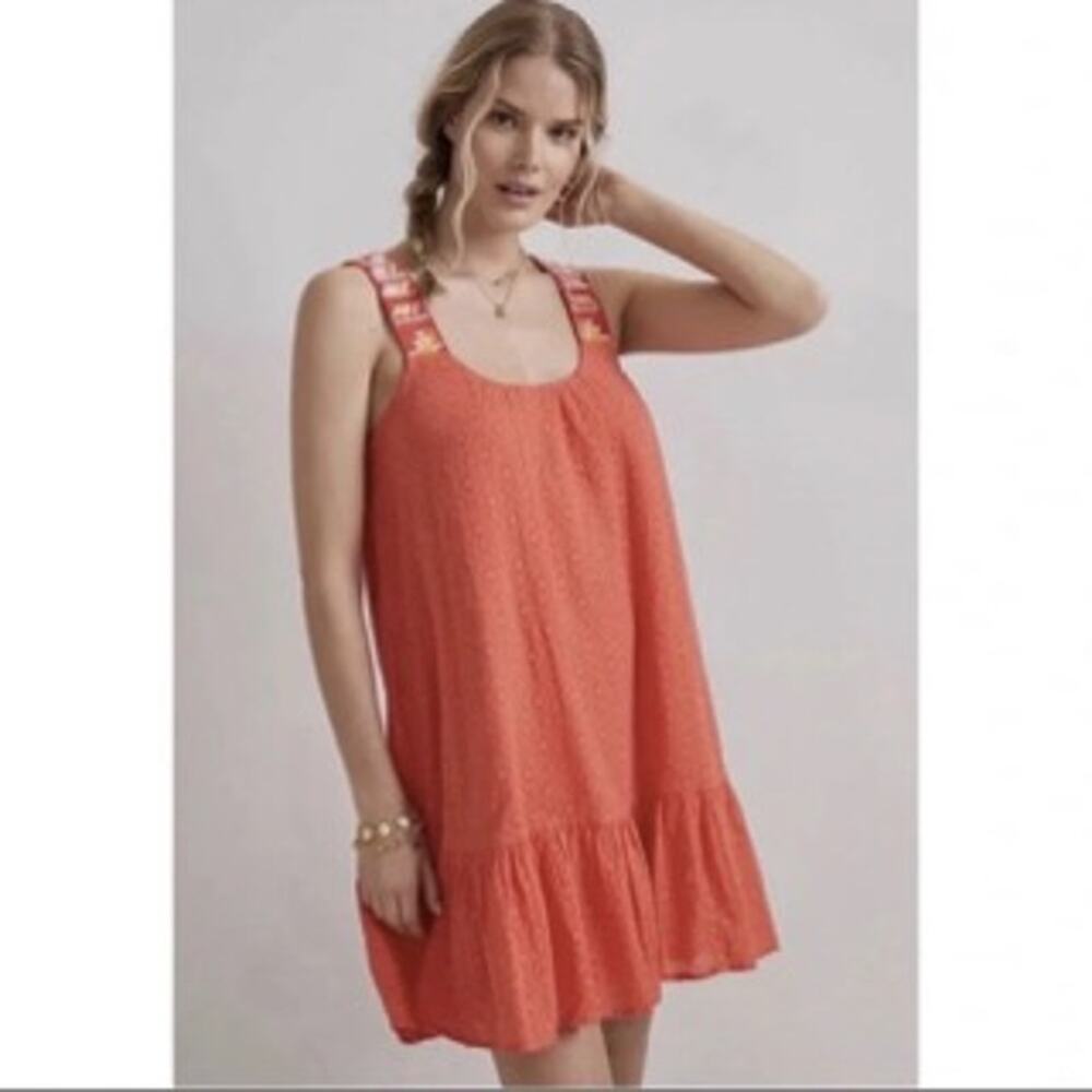 By Anthropologie Red Cotton Mini Dress Embroidered Straps Aztec Print Size MP